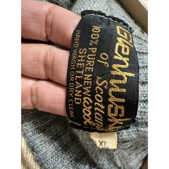 Vtg Glenhusky Of Scotland Mens Pure Wool Shetland Sweater XL Suede Patches - Picture 6 of 11